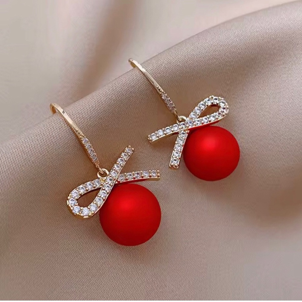 Gold Crystal Ribbon Drop Earrings with Red Pearl Beads